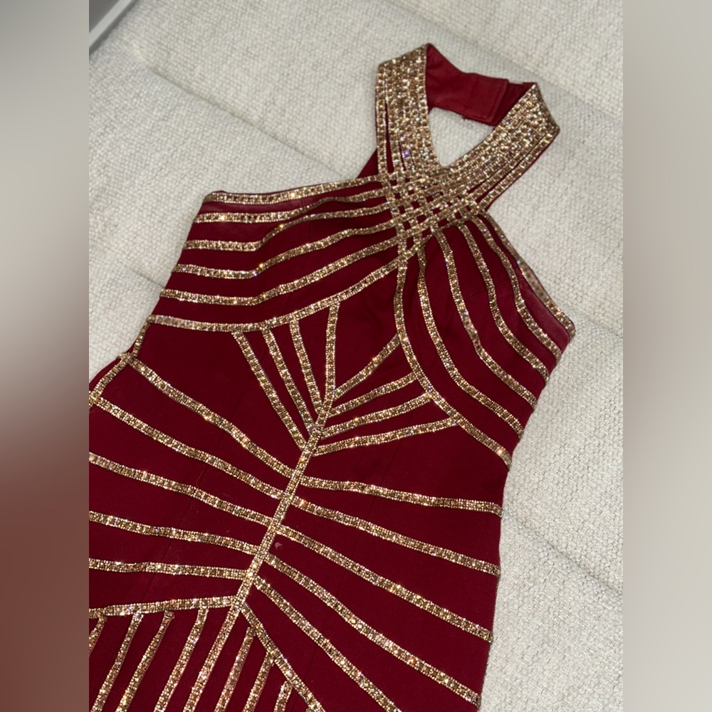 Halter Gold Burgundy Red Short Sparkle Fringe Showgirl Stage Dance Flapper Dress - Picture 10 of 12